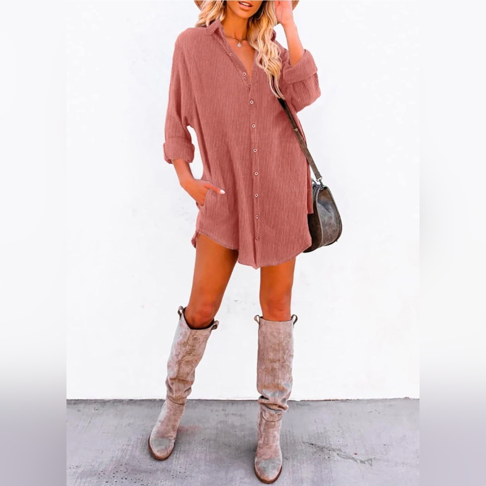 Women's Corduroy Button-Up Shirt  Dress